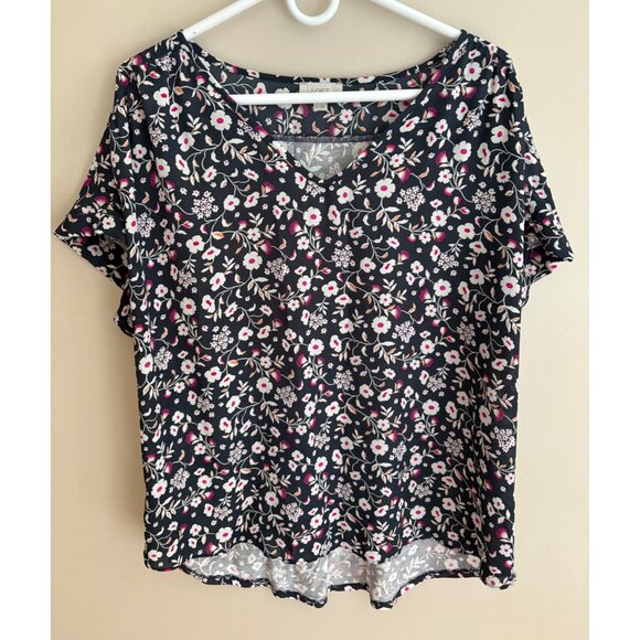 LOFT Floral V-Neck Blouse Black Short Sleeve Top Size XL - Picture 3 of 11